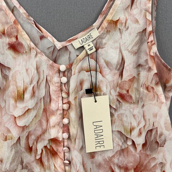 LADAIRE Silk Button Front Ruffle Tank Women XS Pink Floral V Neck Wide Strap New - Picture 7 of 11
